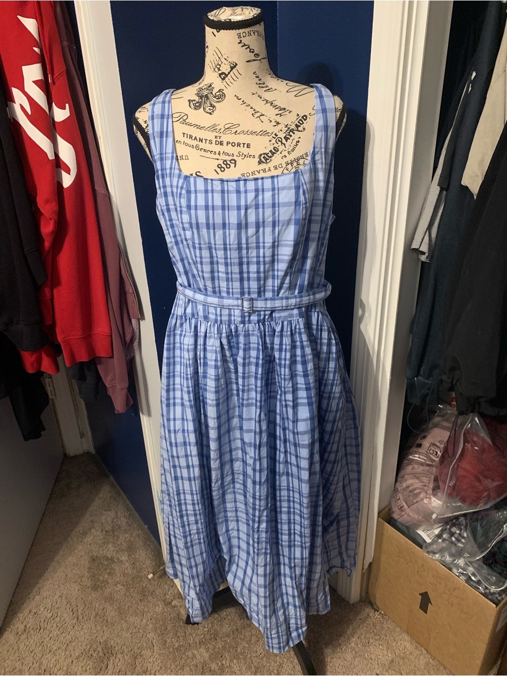 Blue Plaid Sleeveless Belted Midi Dress